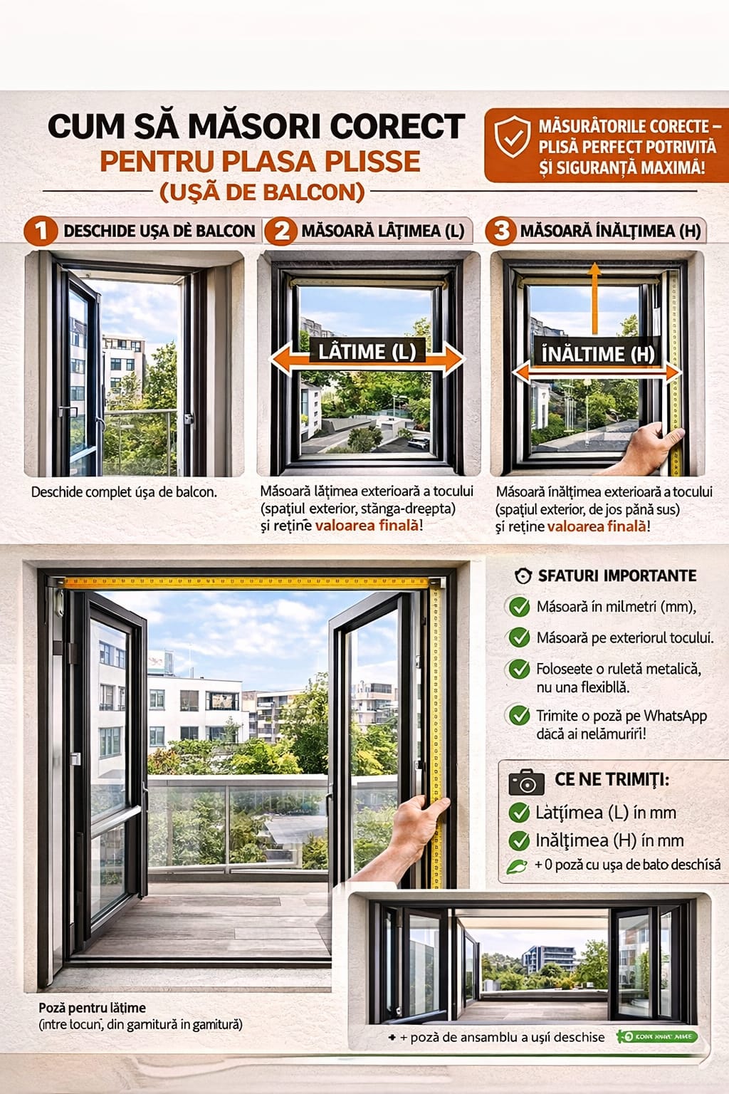 Cum se măsoară pentru plasa plisse (ușă de balcon)